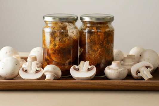 Spicy and tangy Button Mushroom Pickle in jars