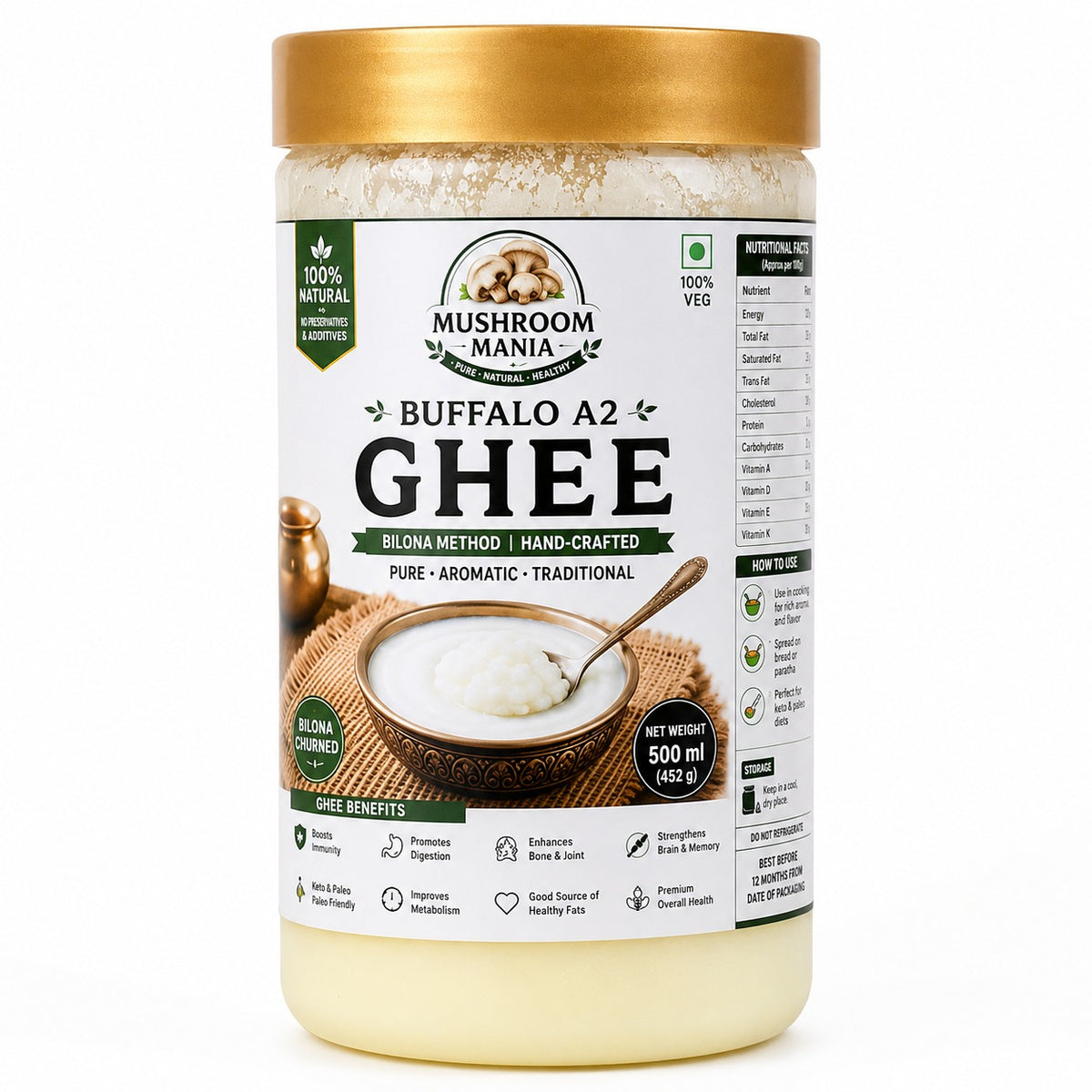 Royal Bilona A2 Buffalo Ghee – Surti, Murrah & Bhadawari Buffalo Milk | 500 ml | Traditionally churned | Richly aromatic | 100% Natural and Preservative-Free