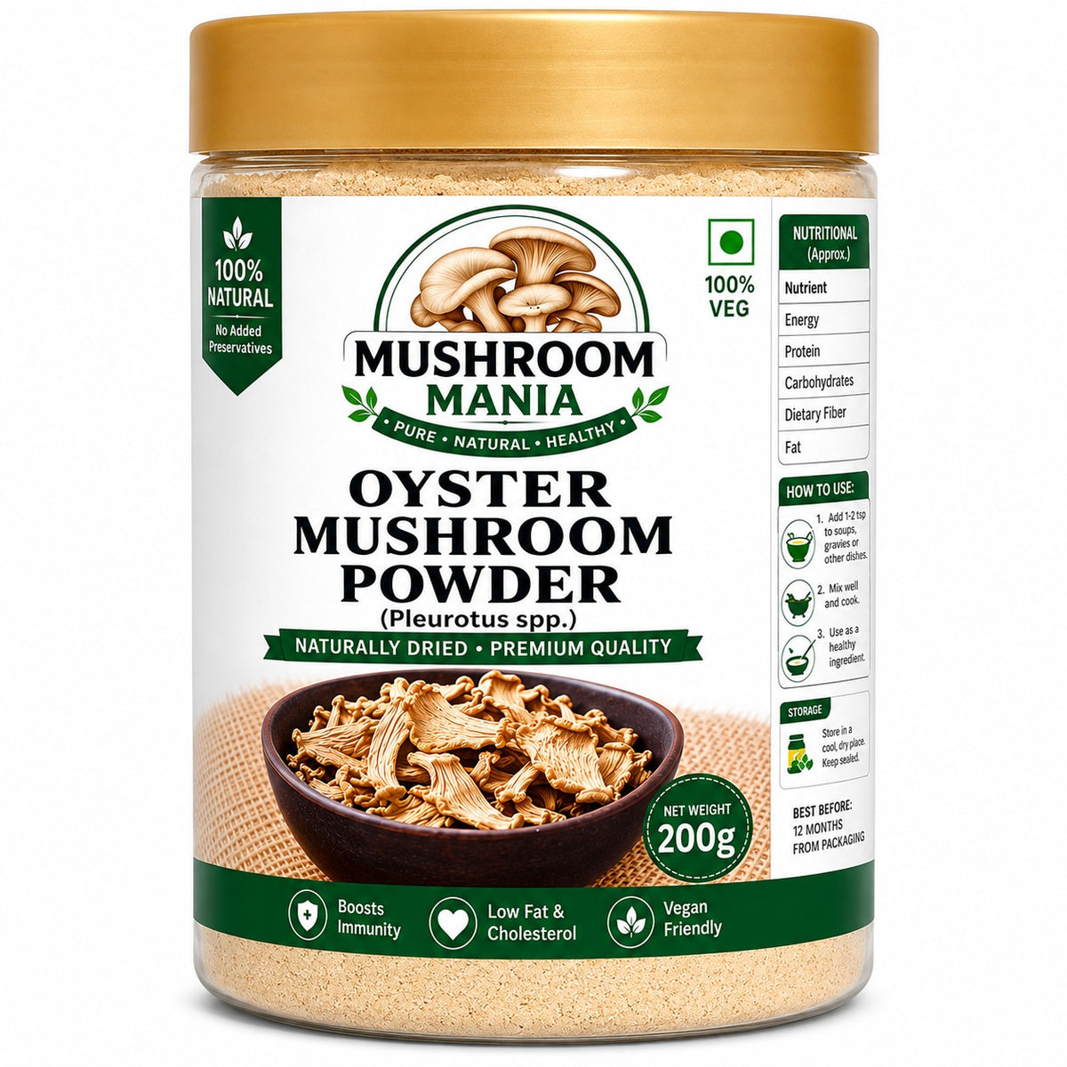 Oyster Mushroom Powder | 200g | Rich in Protein | Vitamins | Fiber and Minerals | Zero fat