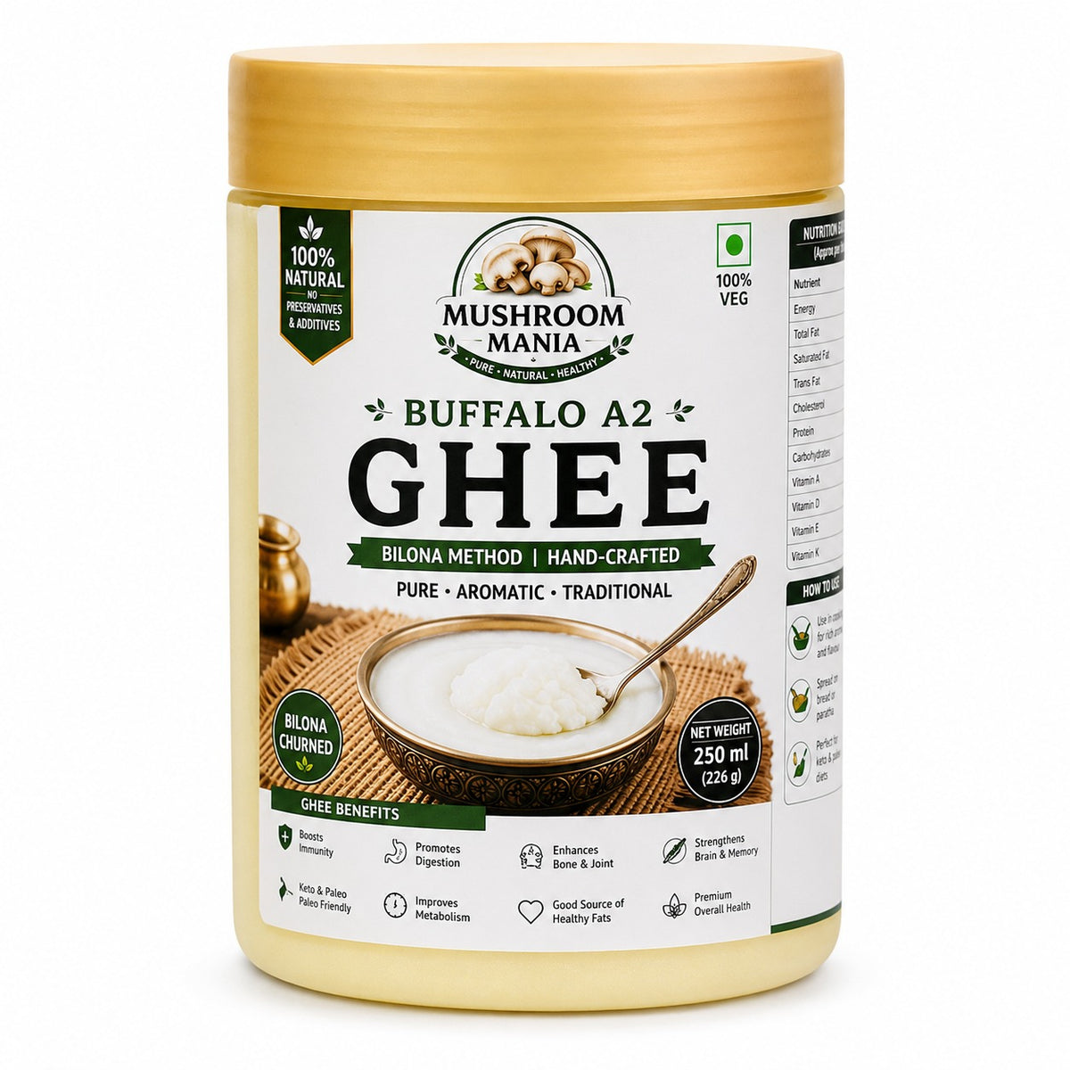Royal Bilona A2 Buffalo Ghee – Surti, Murrah & Bhadawari Buffalo Milk | 250 ml | Traditionally churned | Richly aromatic | 100% Natural and Preservative-Free