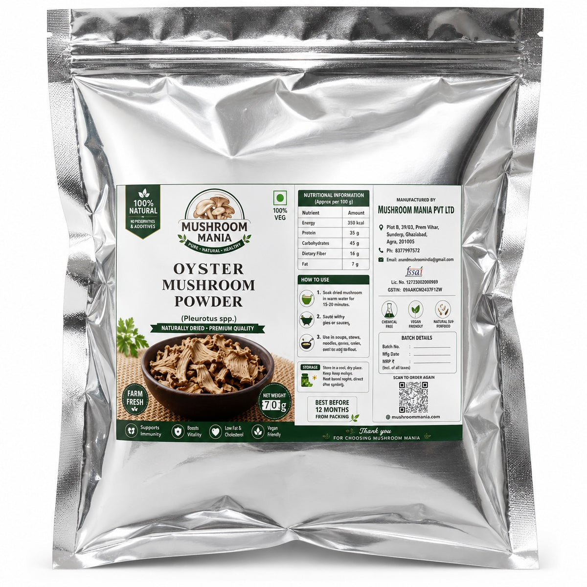Oyster Mushroom Powder | 500g | Rich in Protein | Vitamins | Fiber and Minerals | Zero fat
